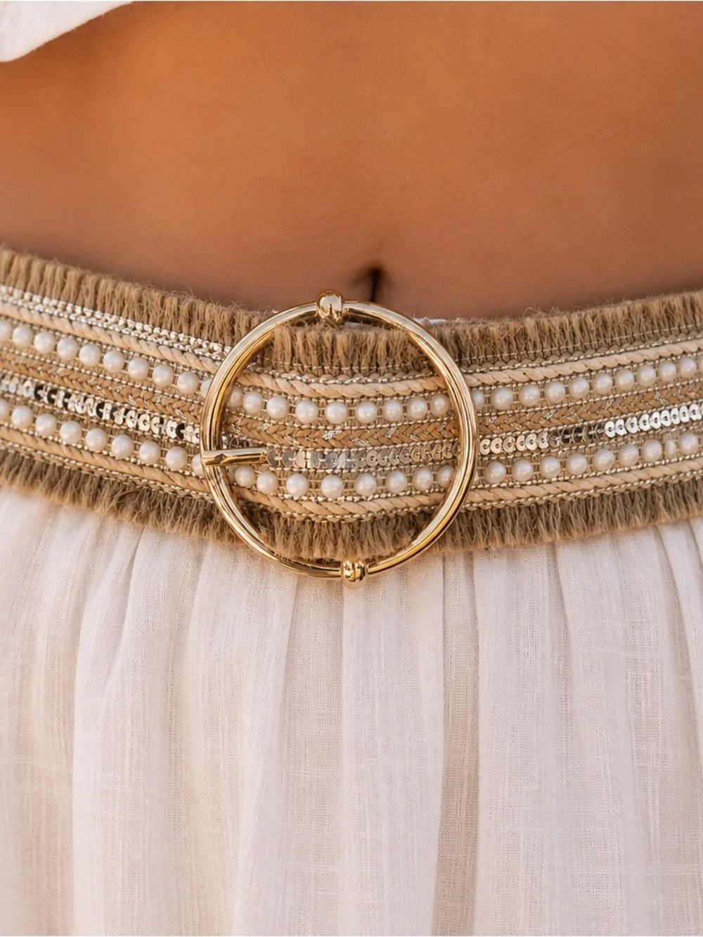 NWT Haute Hippie Style Boho Pearl & Sequin Woven Belt - Size L/G